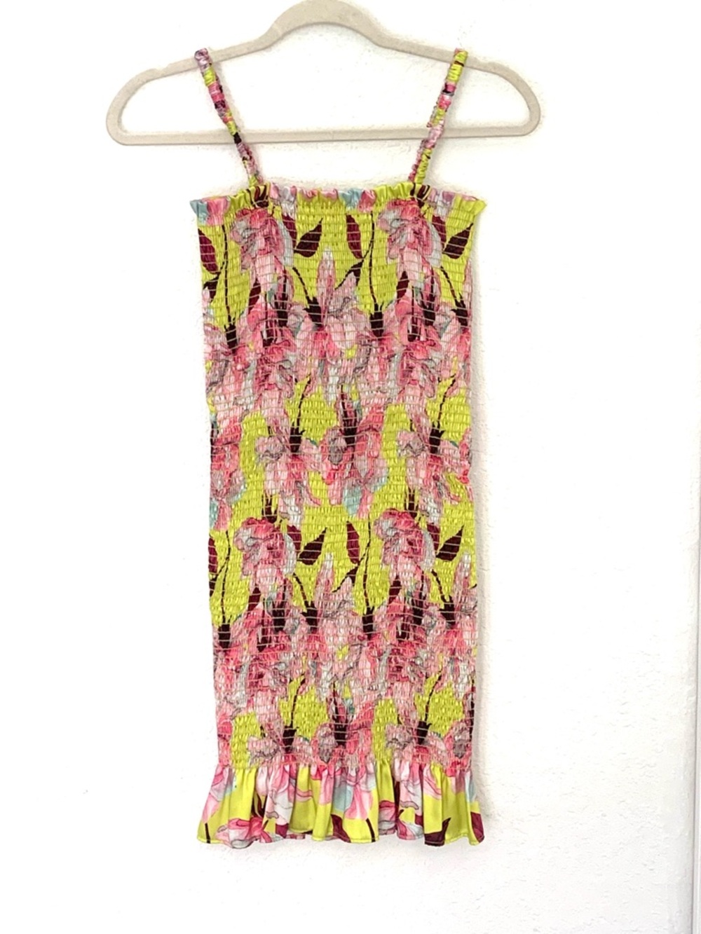 DELFI Collective Medium Colorful Floral Smocked Mini Dress Ruffle Trim Summer